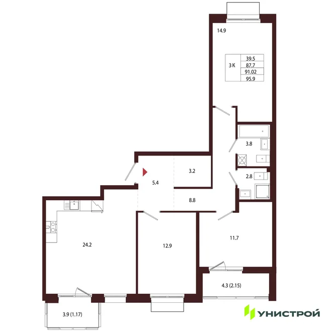 Планировка 3-комн. квартира, 91.02 м² ЖК «Лисино» Планировка 3-комн. квартира, 91.02 м² ЖК «Лисино»