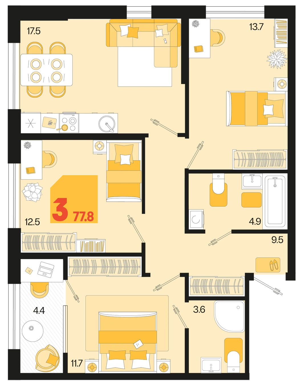 Планировка 3-комн. квартира, 77.8 м² ЖК «Первое место»
