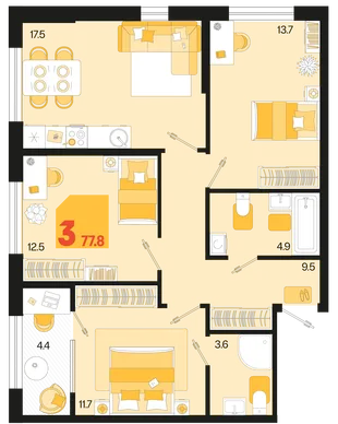 Планировка 3-комн. квартира, 77.8 м² ЖК «Первое место»