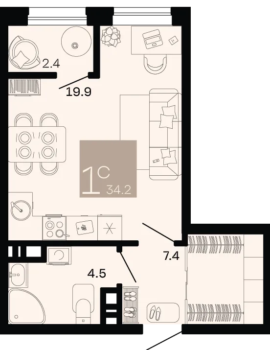 Планировка Студия, 34.2 м² ЖК «Хозяин морей» Планировка Студия, 34.2 м² ЖК «Хозяин морей»