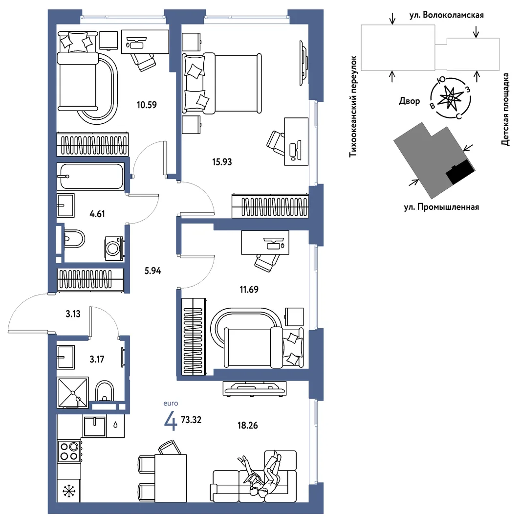 Планировка 4-комн. квартира, 73.32 м² ЖК «Страна Прибрежная»