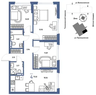 Планировка 4-комн. квартира, 73.32 м² ЖК «Страна Прибрежная»