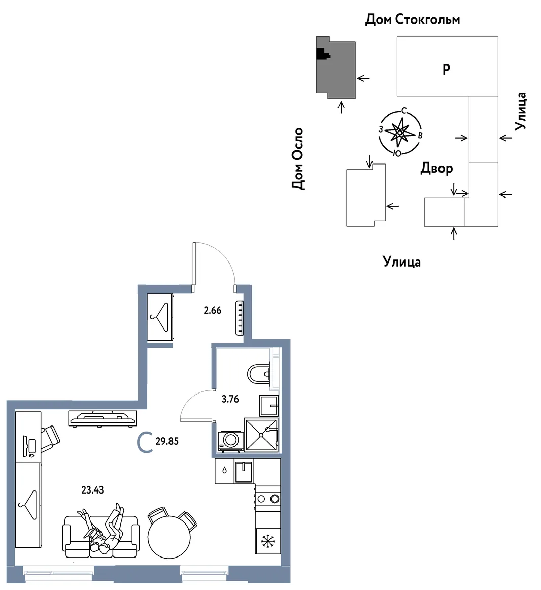 Планировка Студия, 29.85 м² ЖК «Европейский берег 2.0»