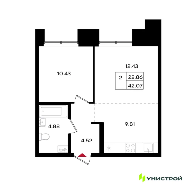 Планировка 2-комн. квартира, 42.07 м² ЖК «Уникум на Энгельса» Планировка 2-комн. квартира, 42.07 м² ЖК «Уникум на Энгельса»