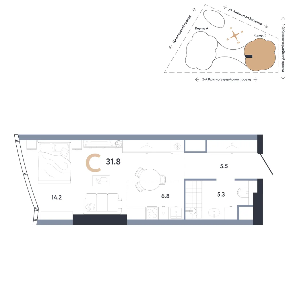 Планировка Студия, 31.8 м² ЖК «АУРУС Резиденции»