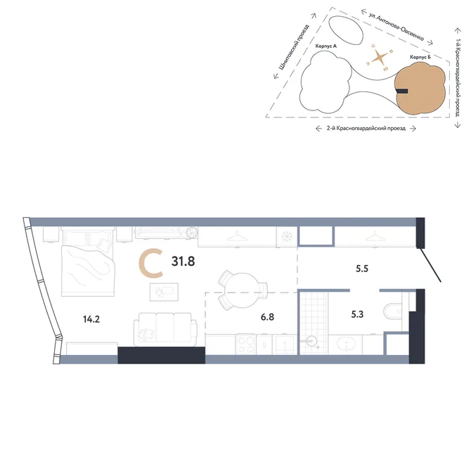 Планировка Студия, 31.8 м² ЖК «АУРУС Резиденции» Планировка Студия, 31.8 м² ЖК «АУРУС Резиденции»