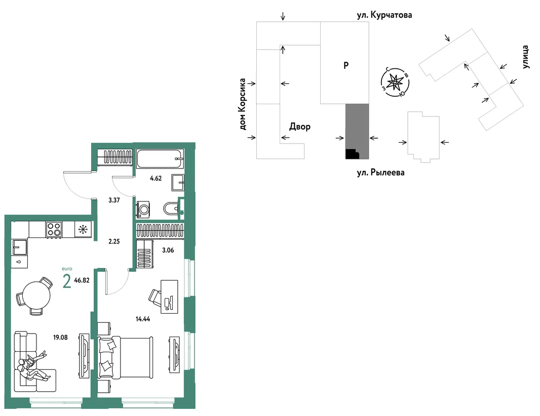 Планировка 2-комн. квартира, 46.79 м² ЖК «Остров-сад»