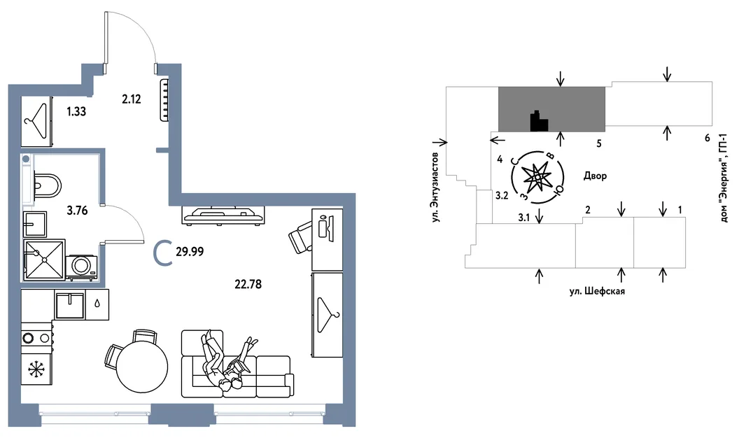 Планировка Студия, 29.97 м² ЖК «Страна.Энтузиастов»