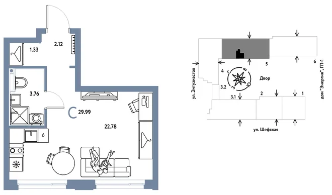 Планировка Студия, 29.97 м² ЖК «Страна.Энтузиастов»