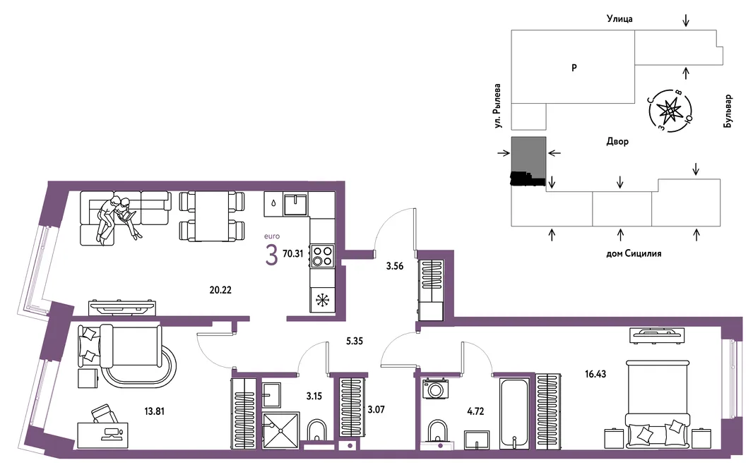 Планировка 3-комн. квартира, 70.31 м² ЖК «Остров-сад»
