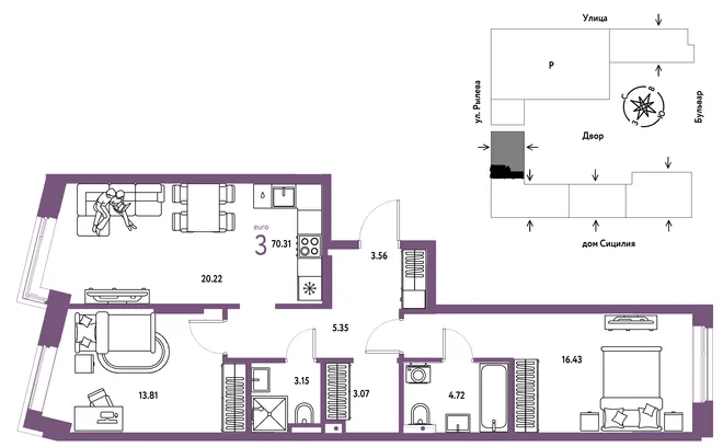 Планировка 3-комн. квартира, 70.31 м² ЖК «Остров-сад» Планировка 3-комн. квартира, 70.31 м² ЖК «Остров-сад»