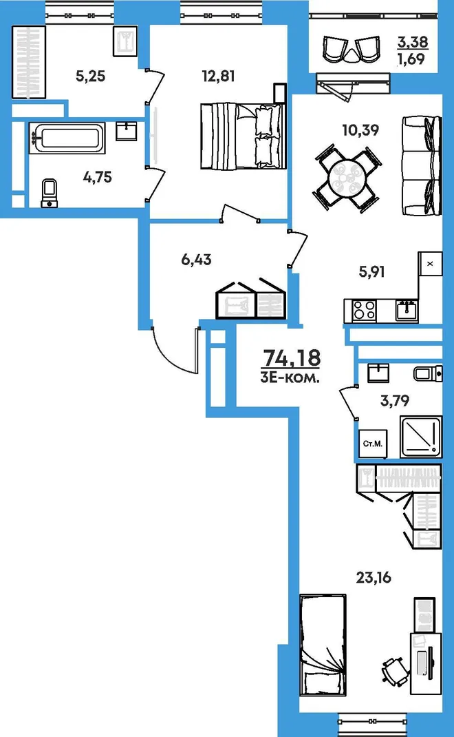 Планировка 3-комн. квартира, 74.18 м² ЖК «На семи холмах» Планировка 3-комн. квартира, 74.18 м² ЖК «На семи холмах»