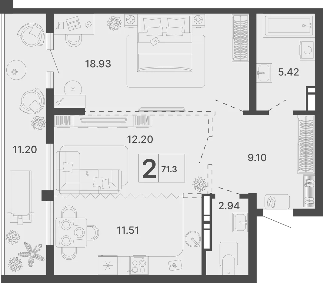 Планировка 2-комн. квартира, 71.3 м² ЖК «Светский лес»