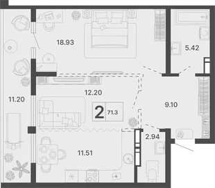 Планировка 2-комн. квартира, 71.3 м² ЖК «Светский лес»
