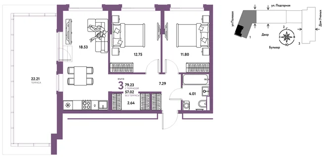 Планировка 3-комн. квартира, 79.32 м² ЖК «Авторский» Планировка 3-комн. квартира, 79.32 м² ЖК «Авторский»