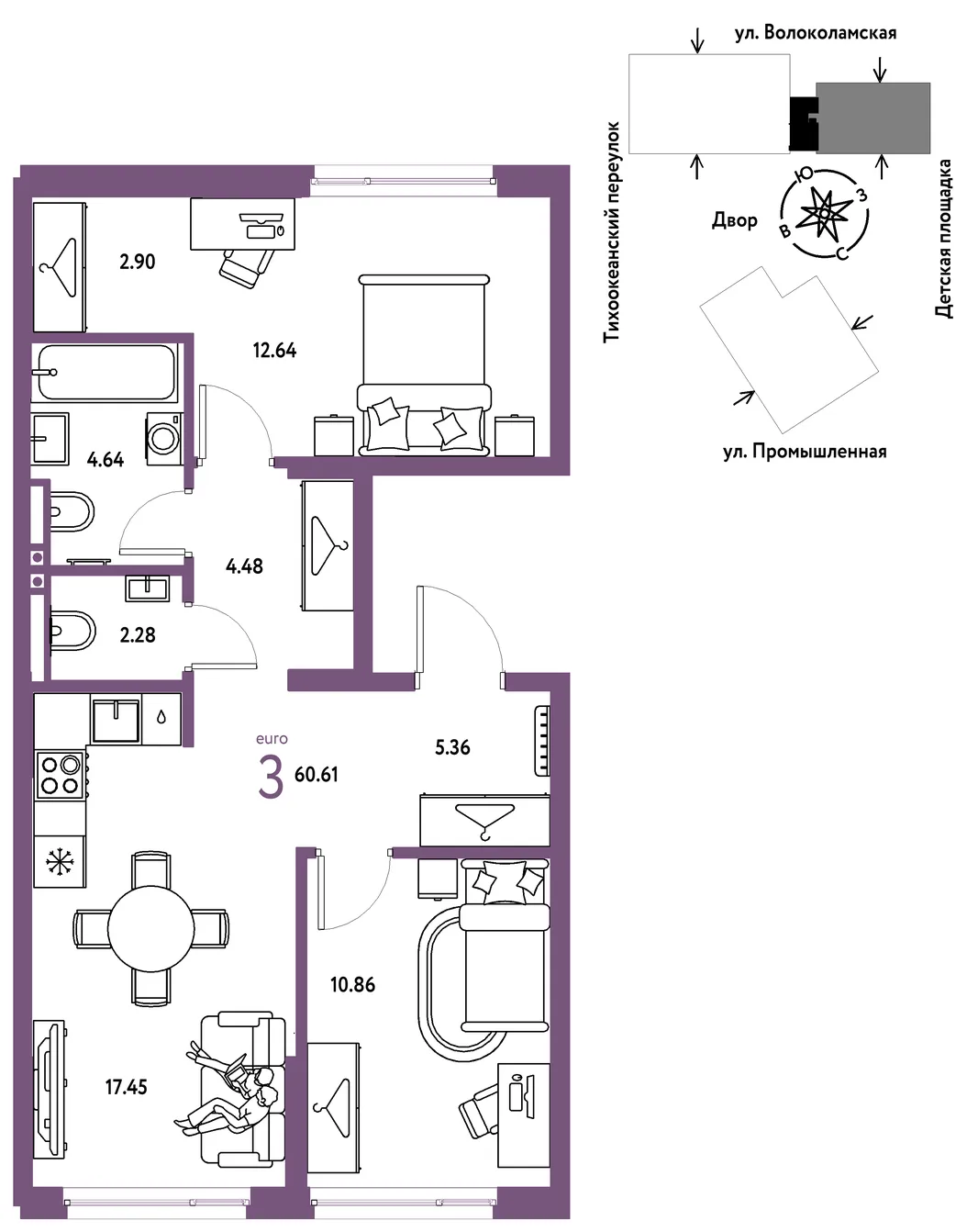Планировка 3-комн. квартира, 60.61 м² ЖК «Страна Прибрежная»