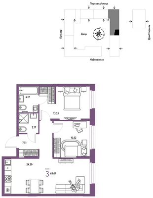 Планировка 3-комн. квартира, 63.01 м² ЖК «Европейский берег 2.0»