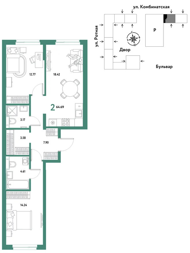 Планировка 2-комн. квартира, 64.69 м² ЖК «Уральский сад» Планировка 2-комн. квартира, 64.69 м² ЖК «Уральский сад»