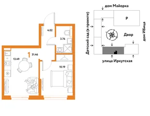 Планировка 1-комн. квартира, 31.46 м² ЖК «Остров-сад»