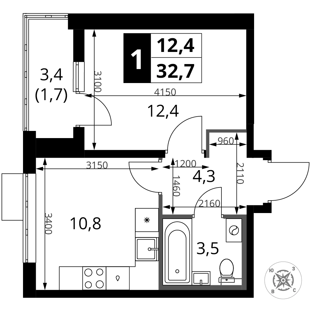 Планировка 1-комн. квартира, 32.7 м² ЖК «1-й Шереметьевский»