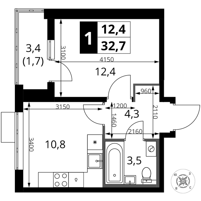 Планировка 1-комн. квартира, 32.7 м² ЖК «1-й Шереметьевский» Планировка 1-комн. квартира, 32.7 м² ЖК «1-й Шереметьевский»