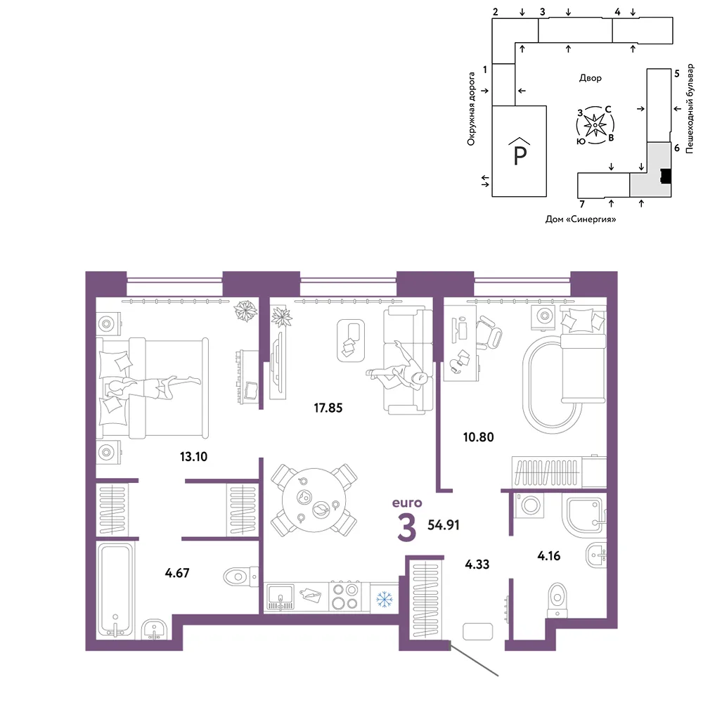 Планировка 3-комн. квартира, 54.91 м² ЖК «Юнион»
