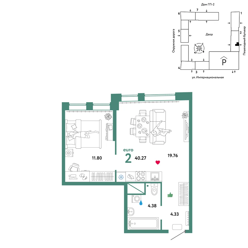 Планировка 2-комн. квартира, 40.27 м² ЖК «Юнион»