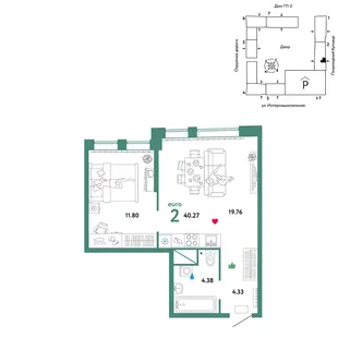 Планировка 2-комн. квартира, 40.27 м² ЖК «Юнион»
