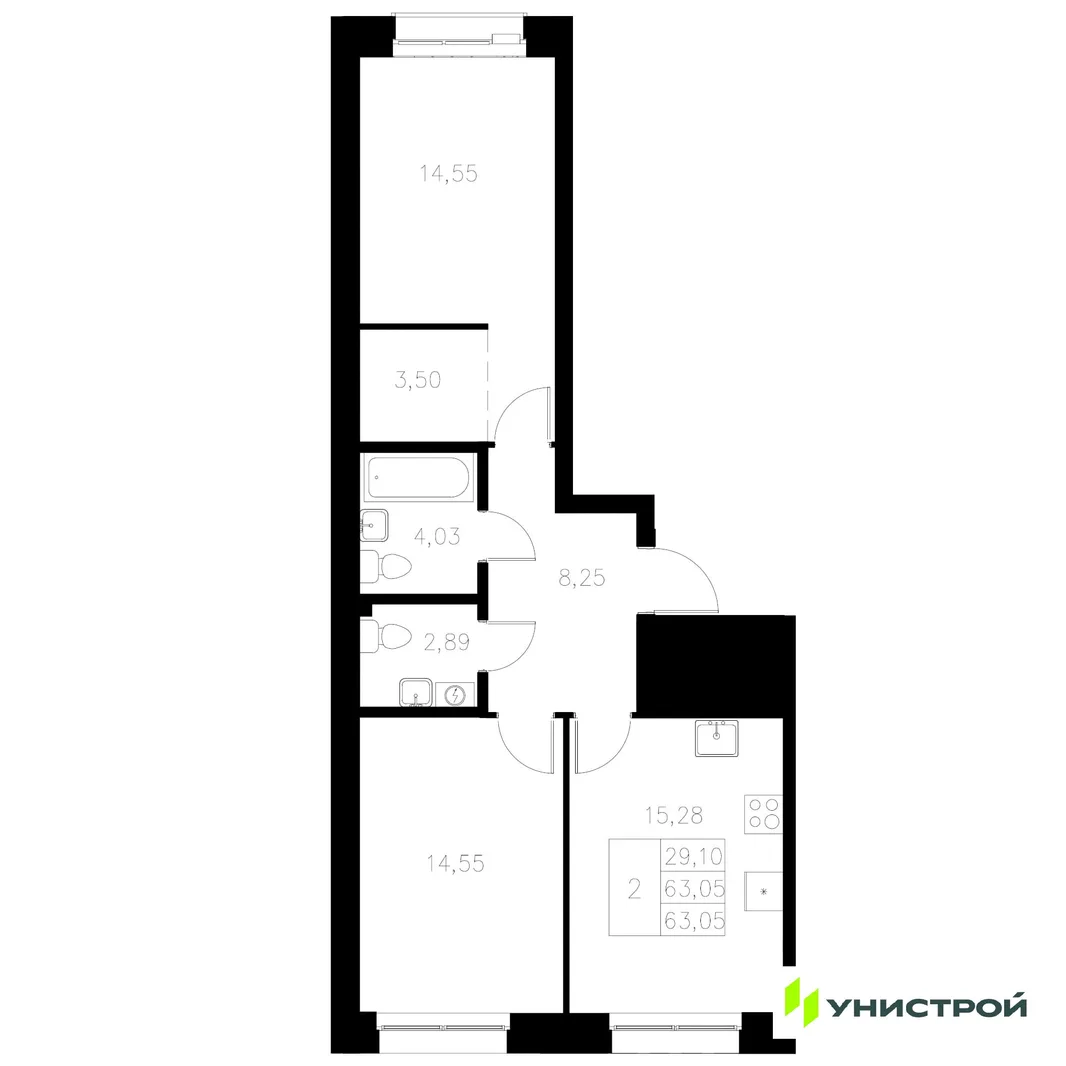 Планировка 2-комн. квартира, 63.05 м² ЖК «Statum»
