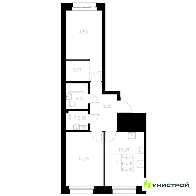 Планировка 2-комн. квартира, 63.05 м² ЖК «Statum» Планировка 2-комн. квартира, 63.05 м² ЖК «Statum»
