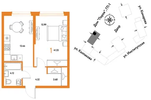 Планировка 1-комн. квартира, 41.55 м² ЖК «Страна.Парковая»