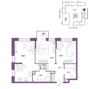 Планировка 3-комн. квартира, 58.37 м² ЖК «Юнион»