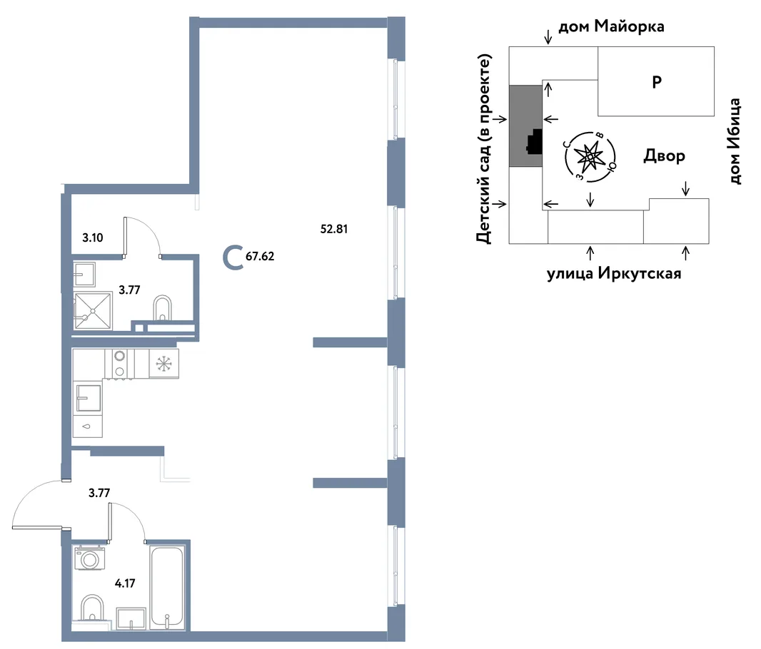 Планировка Студия, 67.62 м² ЖК «Остров-сад»