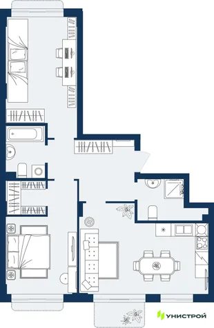 Планировка 2-комн. квартира, 74.55 м² ЖК «ГРАНД БЕРЕГ»