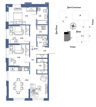 Планировка 4-комн. квартира, 90.99 м² ЖК «Европейский берег 2.0»