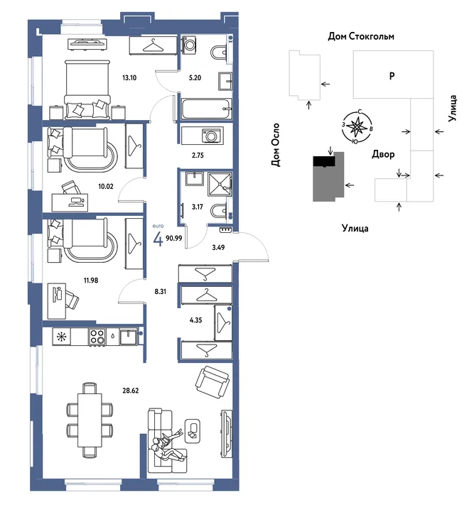 Планировка 4-комн. квартира, 90.99 м² ЖК «Европейский берег 2.0» Планировка 4-комн. квартира, 90.99 м² ЖК «Европейский берег 2.0»
