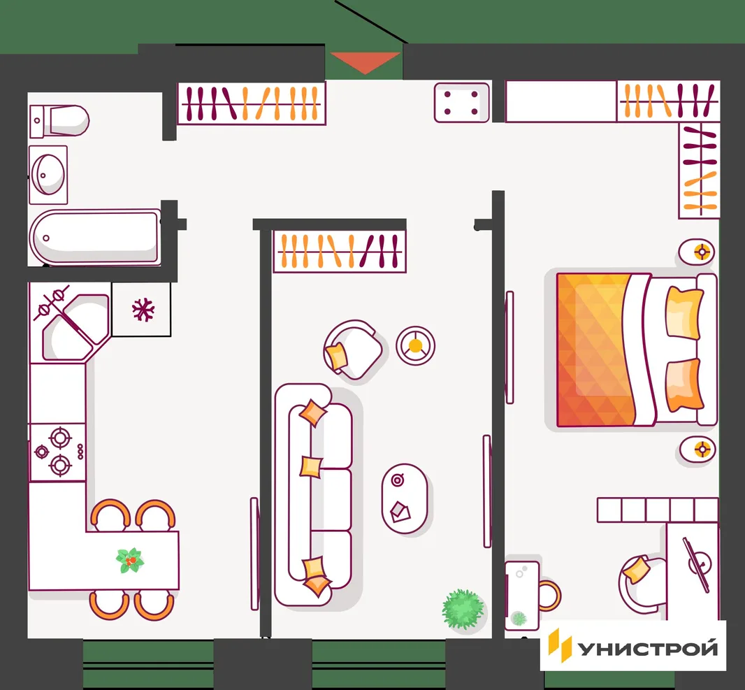Планировка 2-комн. квартира, 57.54 м² ЖК «Южный бульвар 2»