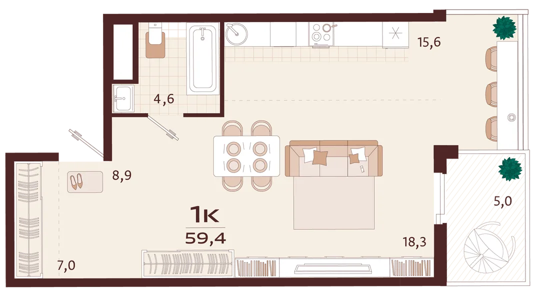 Планировка 1-комн. квартира, 59.4 м² ЖК «Роялта»