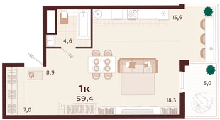 Планировка 1-комн. квартира, 59.4 м² ЖК «Роялта»