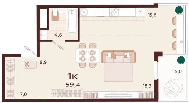 Планировка 1-комн. квартира, 59.4 м² ЖК «Роялта» Планировка 1-комн. квартира, 59.4 м² ЖК «Роялта»