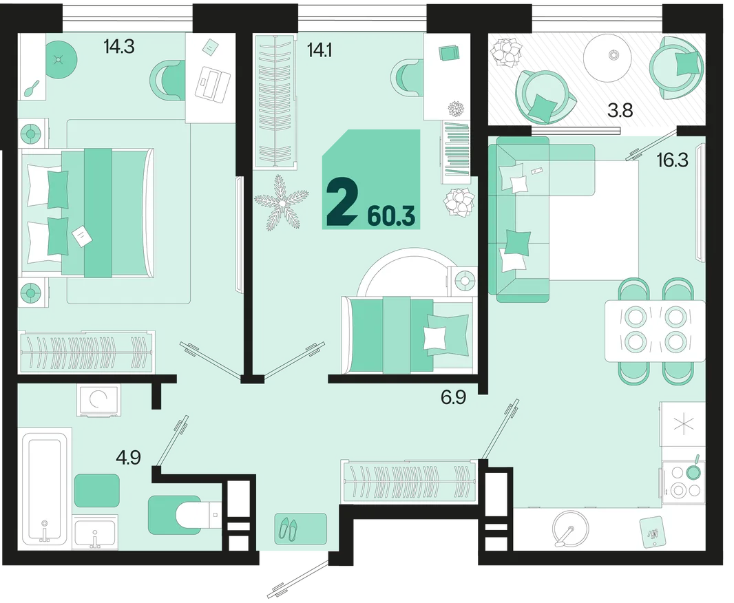 Планировка 2-комн. квартира, 60.3 м² ЖК «Первое место»