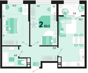 Планировка 2-комн. квартира, 60.3 м² ЖК «Первое место»