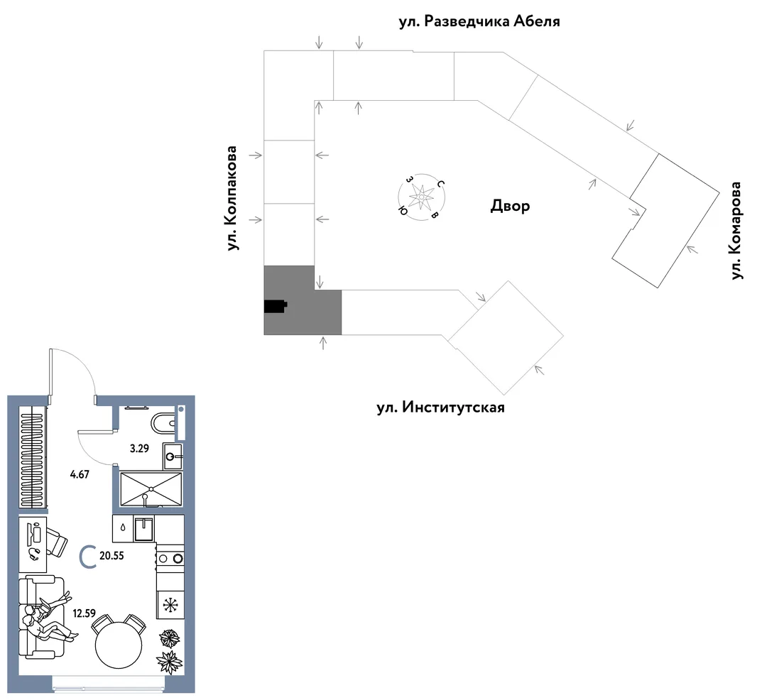 Планировка Студия, 20.55 м² ЖК «Страна.Парковая»
