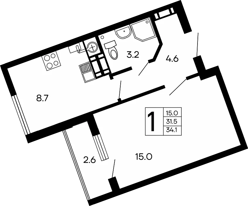Планировка 1-комн. квартира, 34.1 м² ЖК «Семейный»