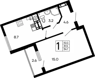 Планировка 1-комн. квартира, 34.1 м² ЖК «Семейный»