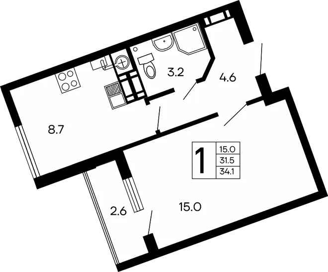 Планировка 1-комн. квартира, 34.1 м² ЖК «Семейный» Планировка 1-комн. квартира, 34.1 м² ЖК «Семейный»