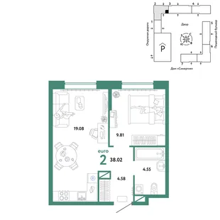 Планировка 2-комн. квартира, 38.02 м² ЖК «Юнион»