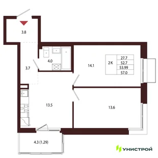 Планировка 2-комн. квартира, 53.99 м² ЖК «Лисино»