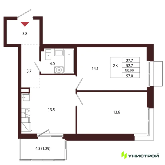Планировка 2-комн. квартира, 53.99 м² ЖК «Лисино» Планировка 2-комн. квартира, 53.99 м² ЖК «Лисино»