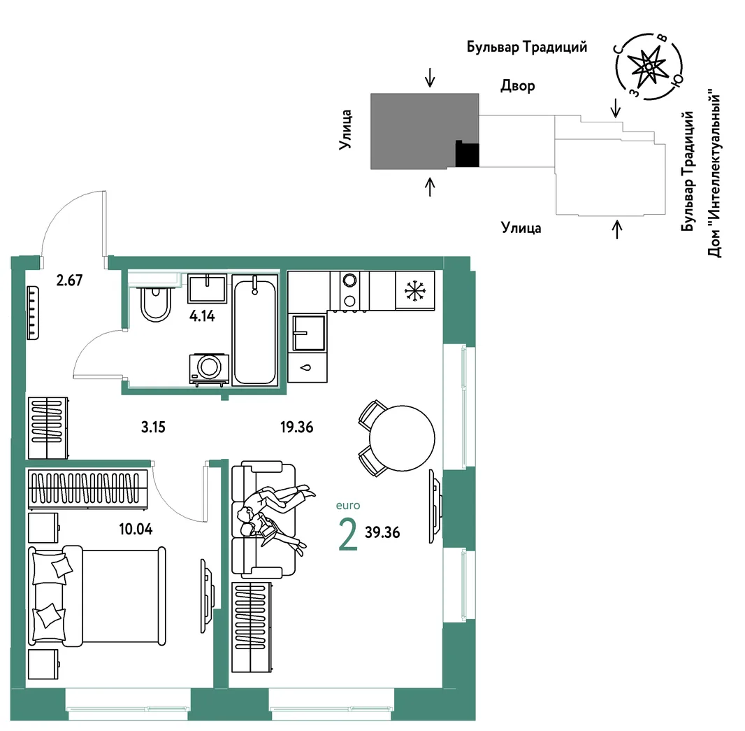 Планировка 2-комн. квартира, 39.36 м² ЖК «Микрорайон Домашний»